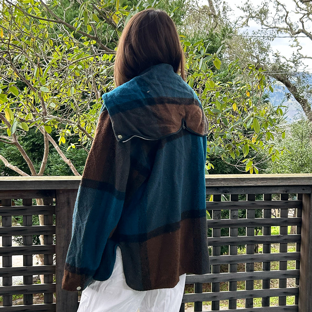 Blue & Brown Plaid Wool Zip Up Jacket